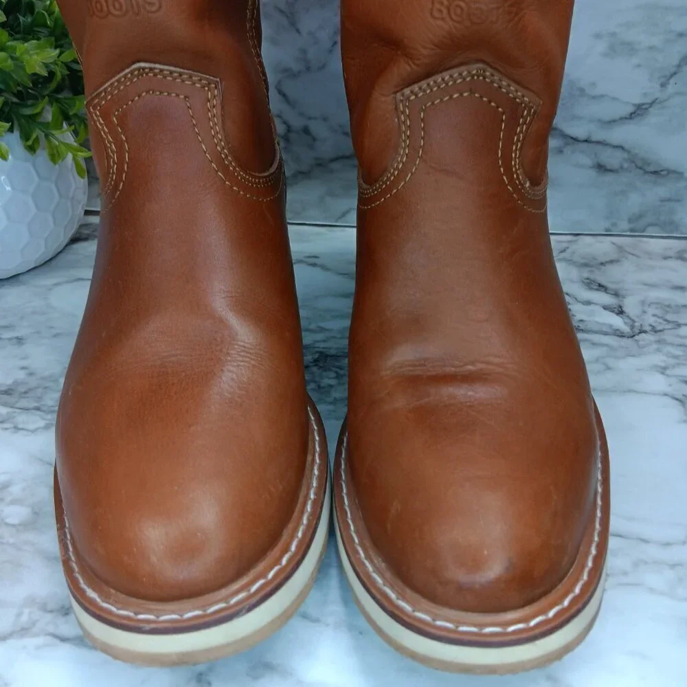ARCO MEN'S WORK BOOTS ROUND TOE GENUINE LEATHER PULL ON SOFT TOE LIGHT BROWN 7